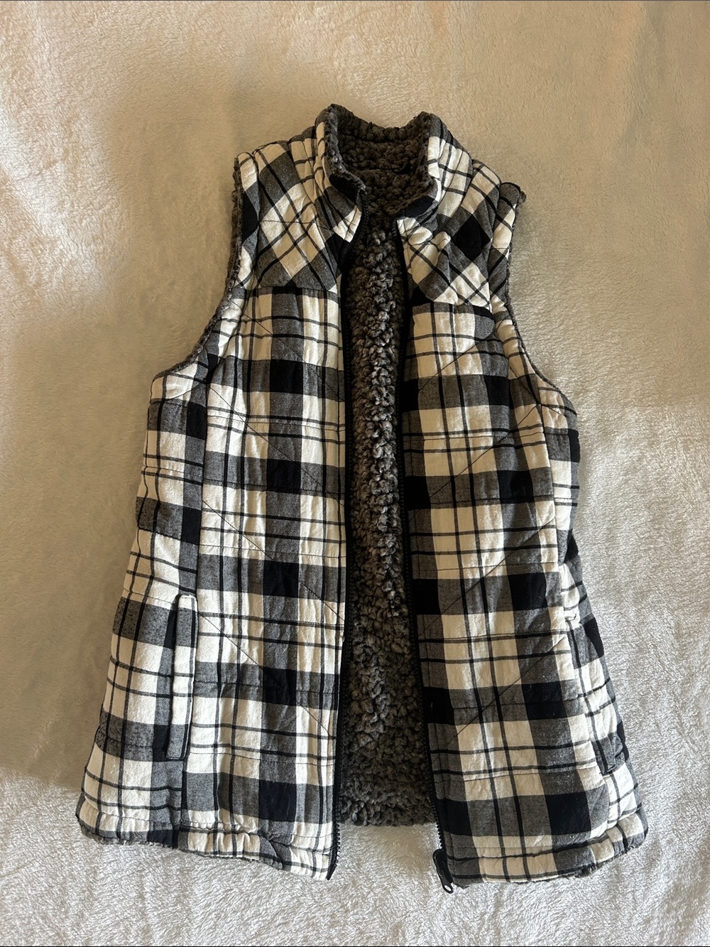H&M Black and White Plaid Sherpa-Lined Vest
